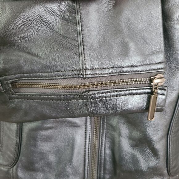 Aviatrix Women 100%  Leather Jacket Biker Rock Fitted silver gunmetal zipper M - Picture 6 of 11